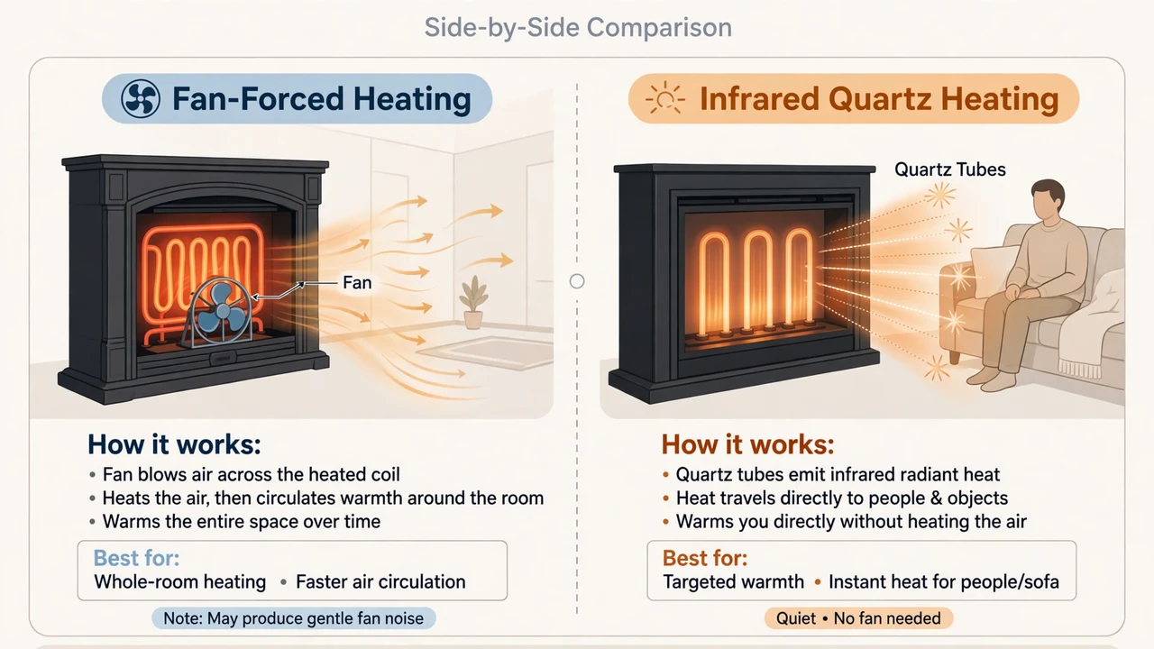 Comparison diagram showing how fan-forced and infrared quartz heating work inside an electric fireplace