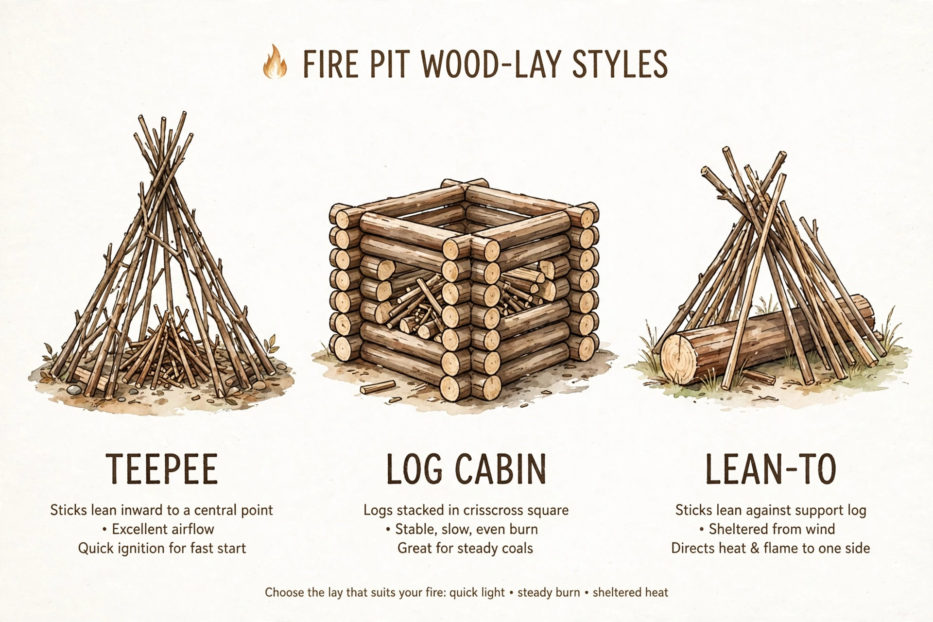 Diagram of three fire pit wood-lay styles for starting a fire in a fire pit: teepee, log cabin, and lean-to lays