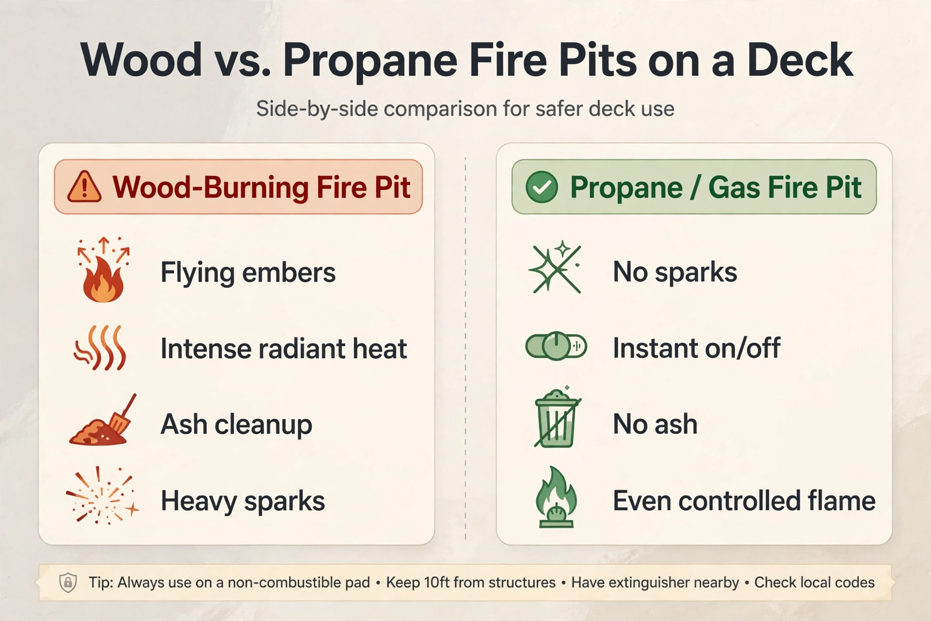 Infographic comparing wood-burning and propane fire pits for use on a wood deck