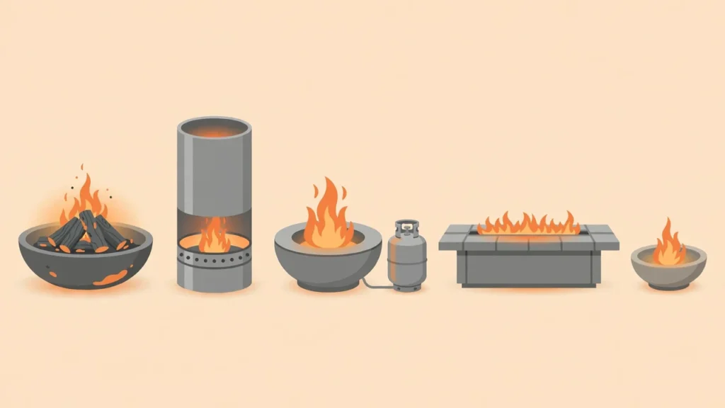 Best Type of Fire Pit: Wood vs Gas Buying Guide 1 Illustrated comparison of the five main fire pit types: wood-burning, smokeless, propane, natural gas, and gel fuel