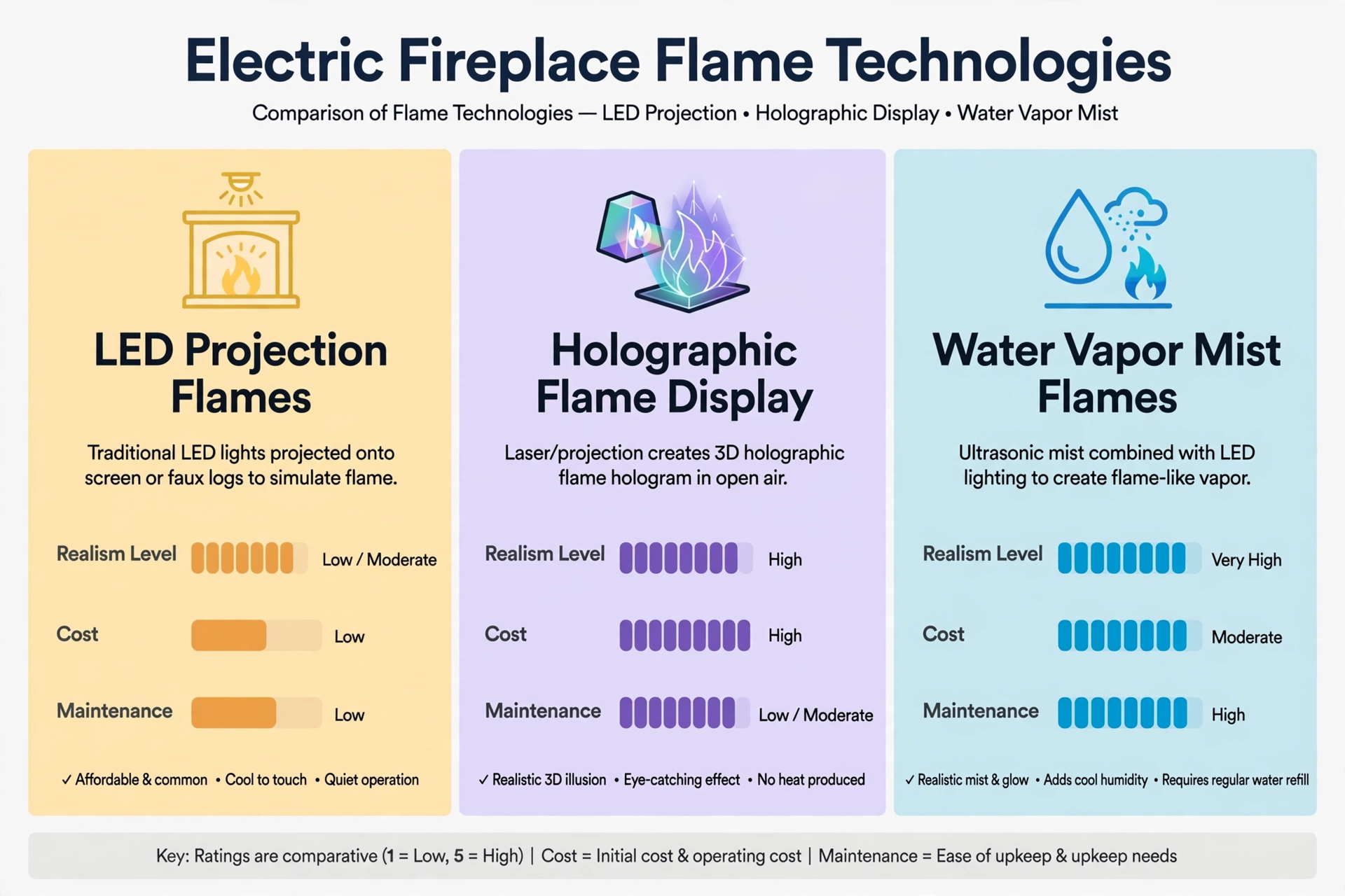 Does an Electric Fireplace Have a Real Flame? 2 Comparison infographic of LED projection, holographic, and water vapor electric fireplace flame technologies