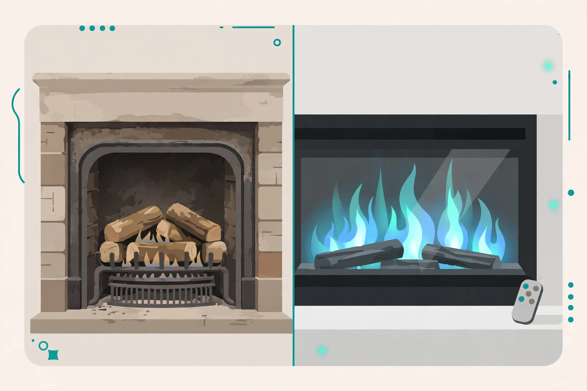 Side-by-side comparison of a gas fireplace with ceramic logs and an electric fireplace insert with glowing flames after converting a gas fireplace to electric