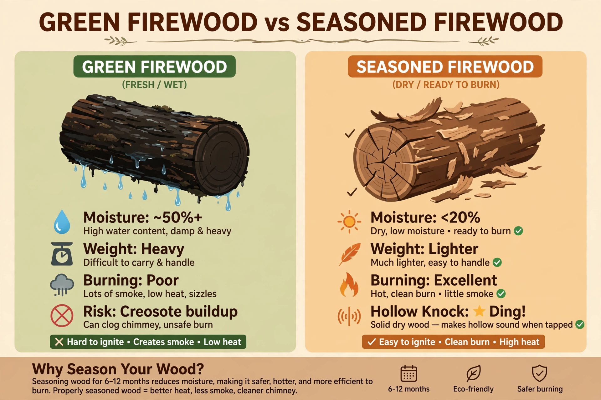 Green firewood vs seasoned firewood comparison showing moisture level, end cracks, bark, and knock-sound differences