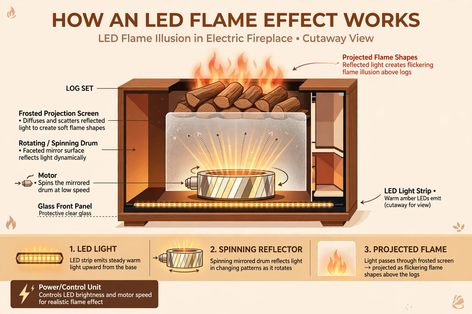 Does an Electric Fireplace Have a Real Flame? 1 Diagram showing how LED flame technology creates a realistic flame effect in an electric fireplace