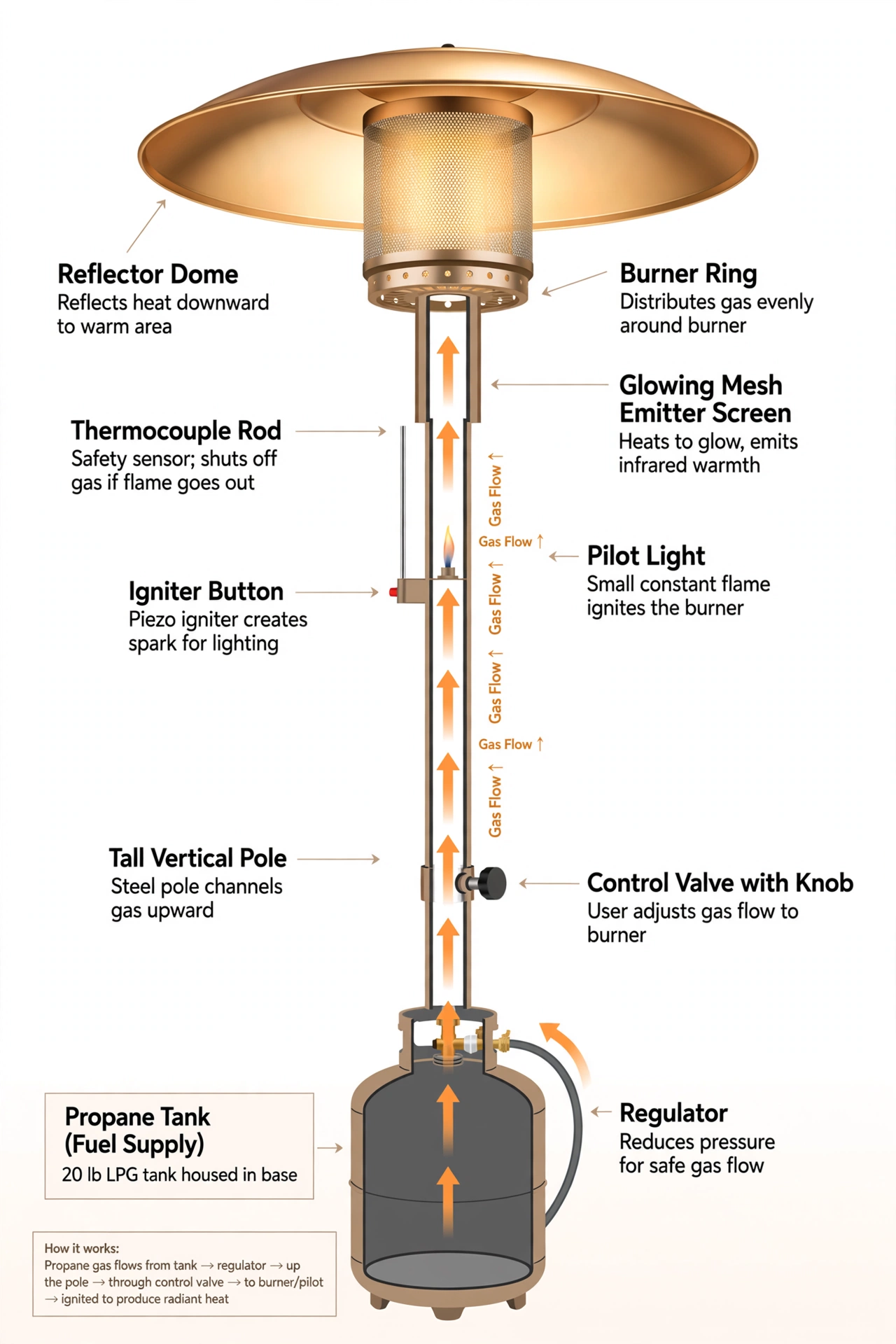 Labeled diagram of a propane patio heater's parts: tank, regulator, control valve, pilot, thermocouple, burner, emitter screen, and reflector dome