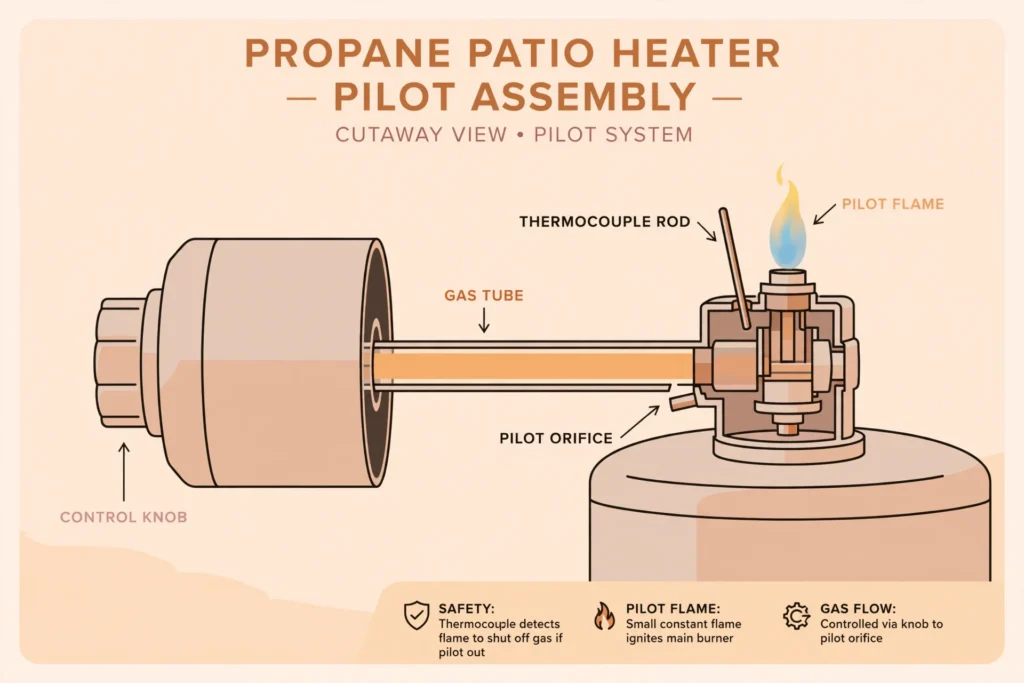 Diagram of a patio heater pilot assembly showing the thermocouple, pilot light, and orifice — the parts behind most won't stay lit problems