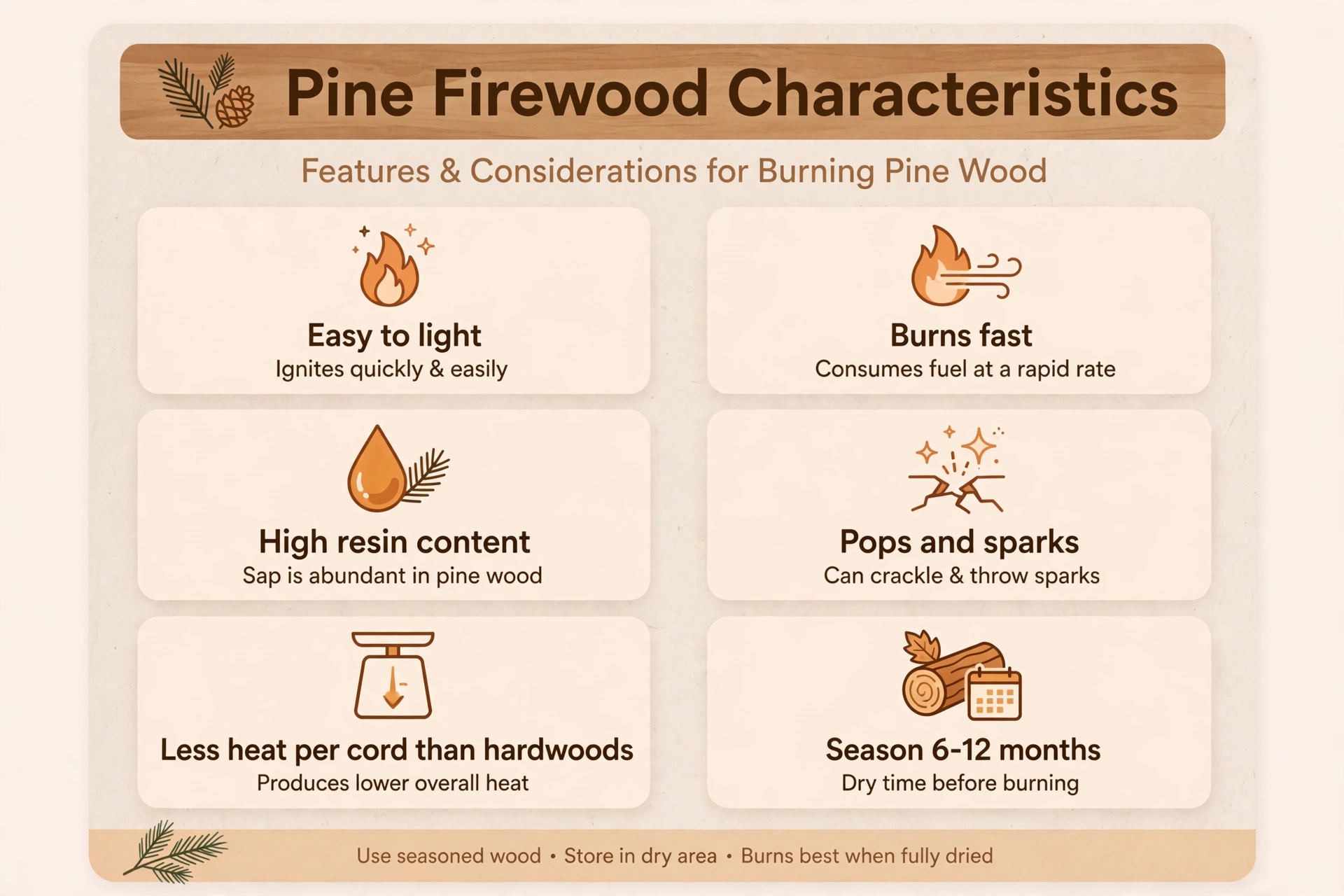 Pine firewood profile card showing how easy pine lights, how fast it burns, its resin content, spark level, and 6 to 12 month seasoning time