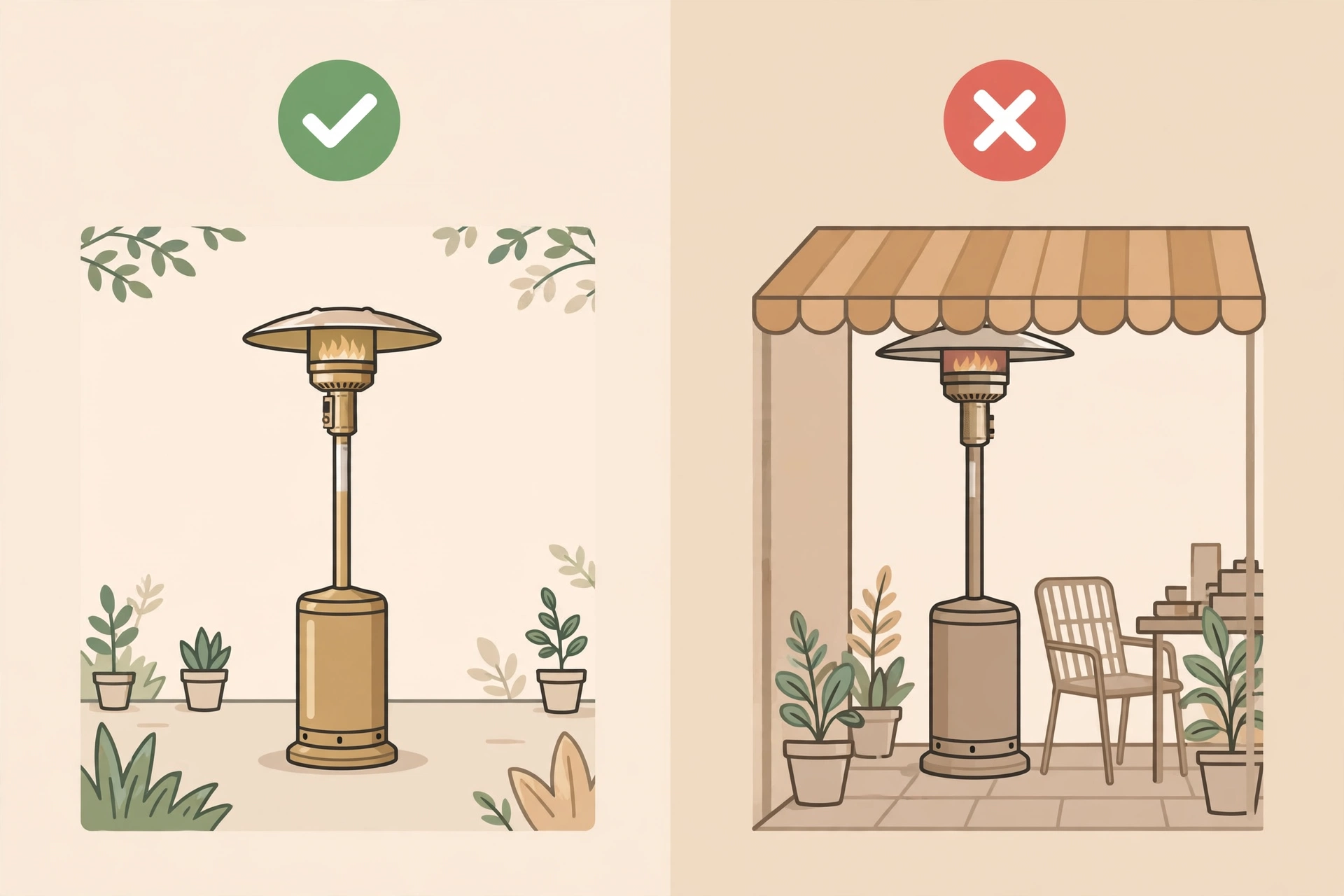 Do and don't checklist graphic for safe patio heater placement with proper clearance