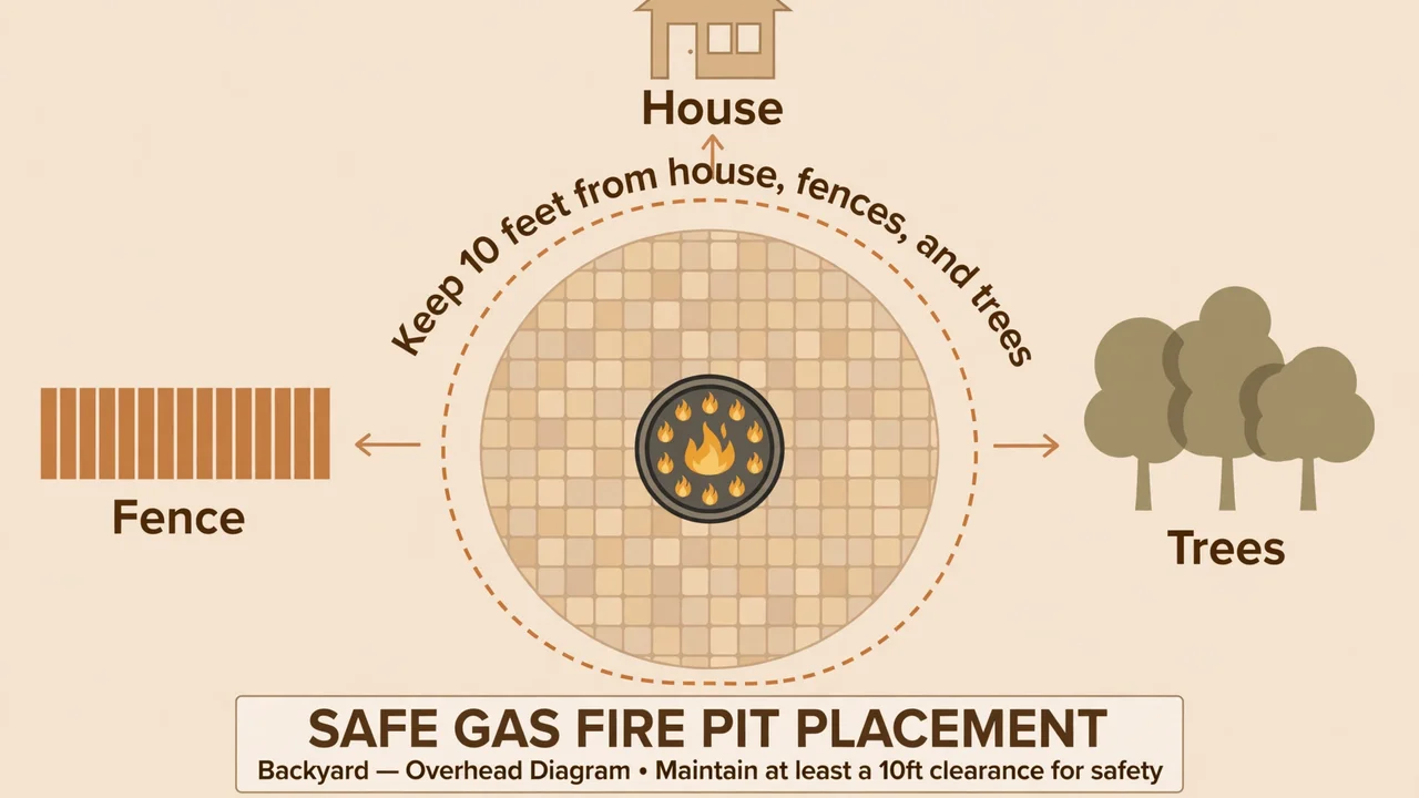 Overhead diagram showing safe gas fire pit placement with a 10-foot safety zone from the house, fence, and trees
