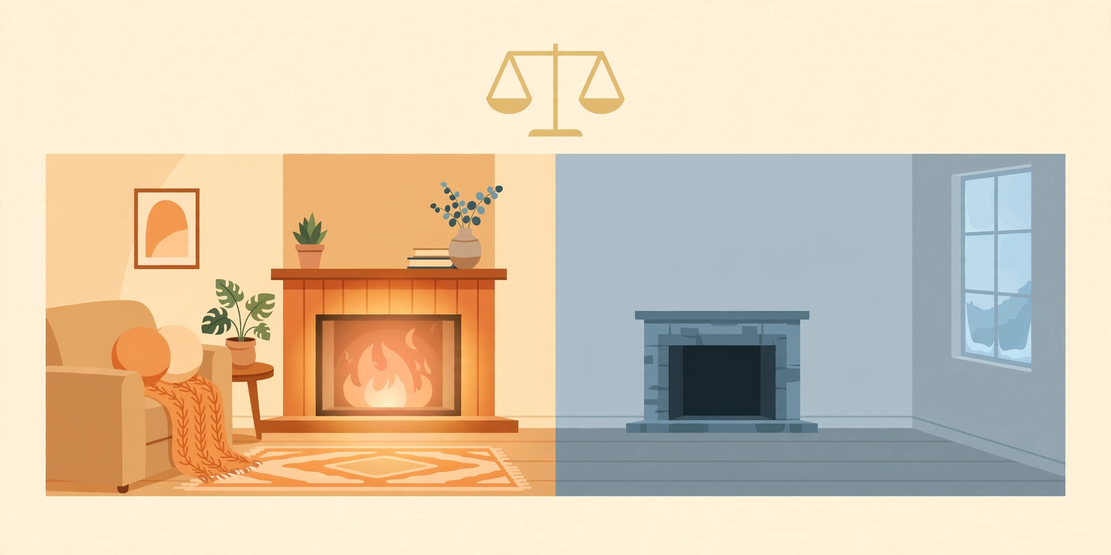 Split illustration weighing a cozy warm room with an electric fireplace against a cold room, showing the pros and cons of buying one