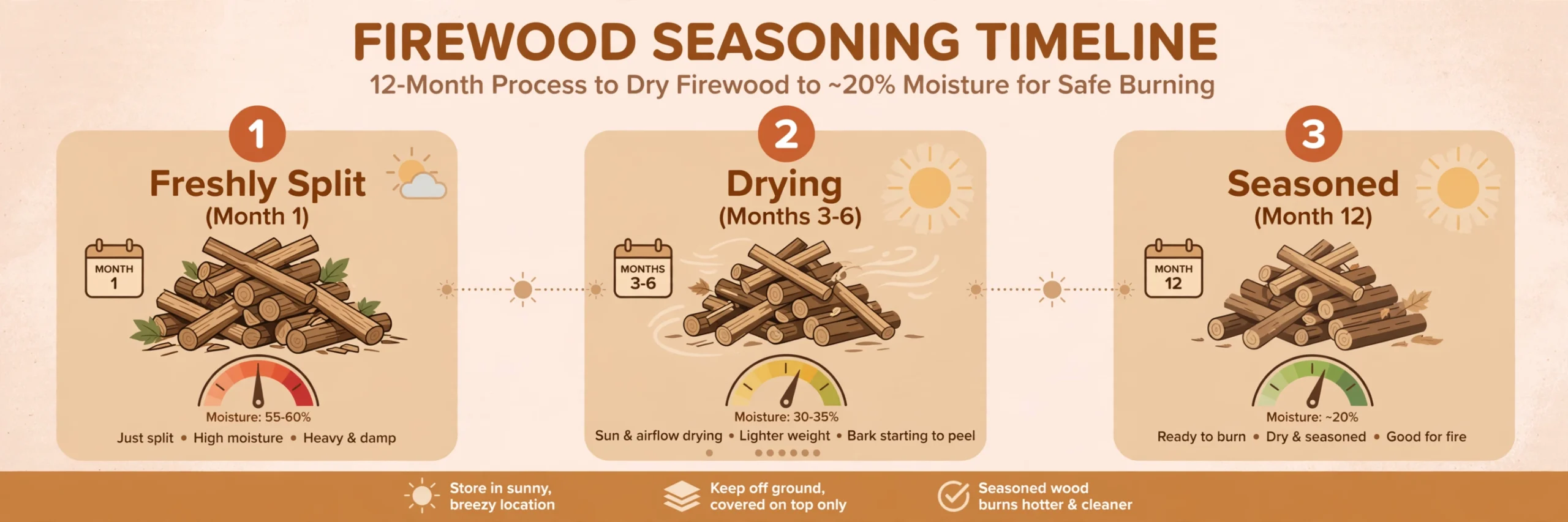 Firewood seasoning timeline showing stacked logs drying from high moisture down to 20 percent over 6 to 24 months