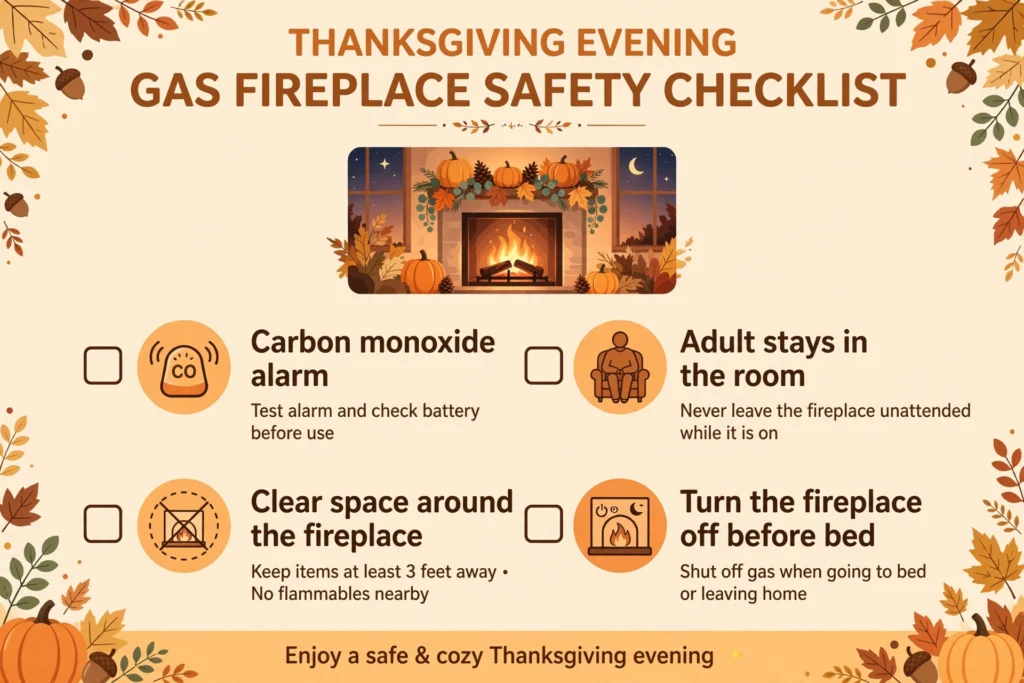 Thanksgiving evening gas fireplace safety checklist showing carbon monoxide alarms, staying in the room, clear space around the fireplace, and turning the fireplace off before bed