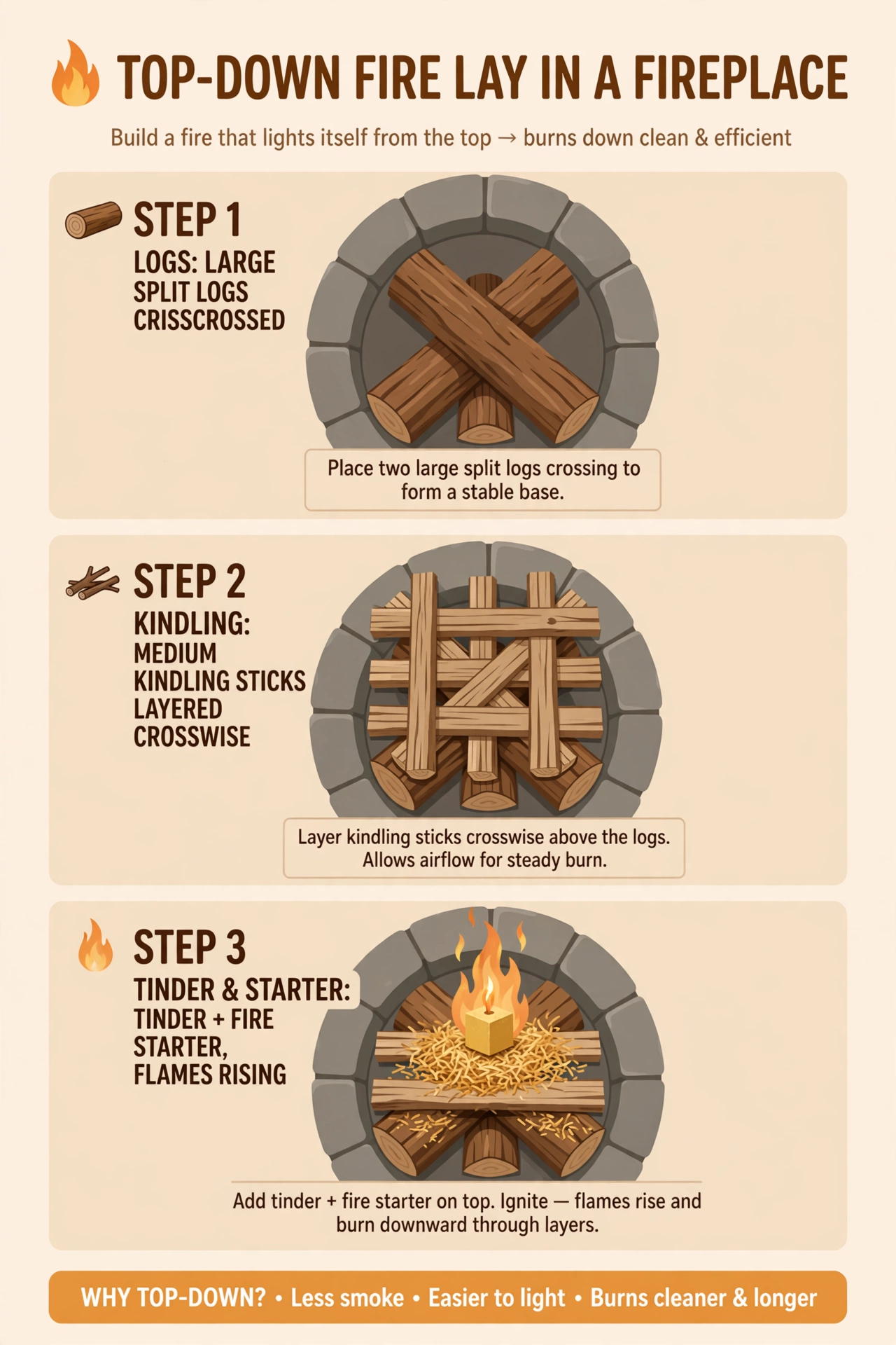 Top-down fire lay diagram for burning pine firewood: large splits at the bottom, kindling in the middle, tinder lit on top