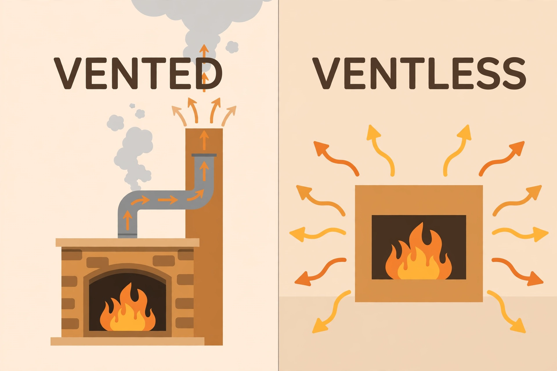 Vented vs ventless gas fireplace diagram showing exhaust rising through a chimney for vented and heat staying in the room for ventless