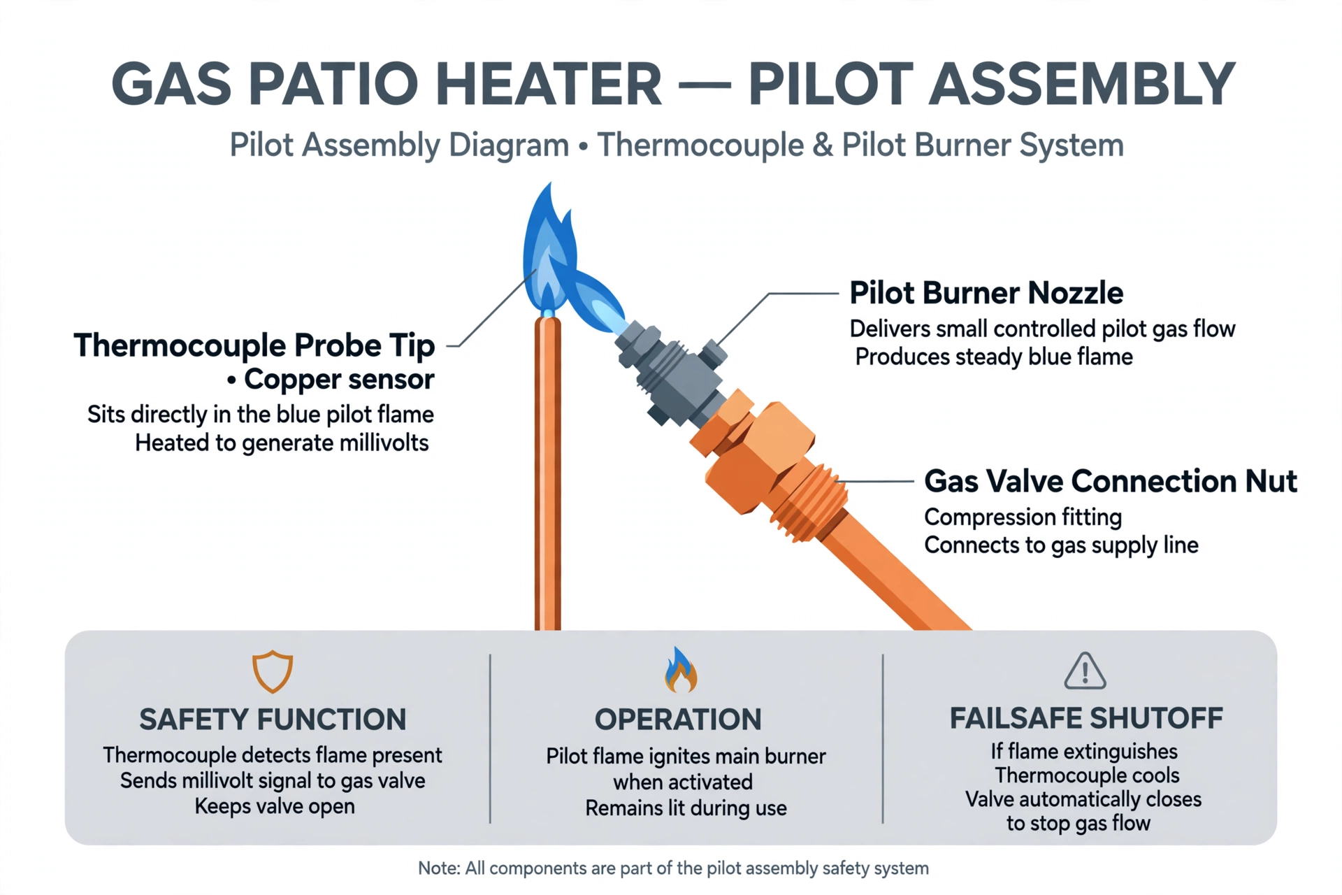 Labeled diagram of a patio heater thermocouple probe sitting in the pilot flame beside the pilot burner nozzle and gas valve connection nut